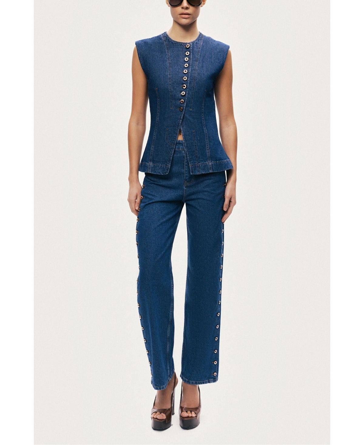 NOCTURNE Women's Eyelet Detail Wide-Leg Denim Pants view 2 — MAYCSS fashion products
