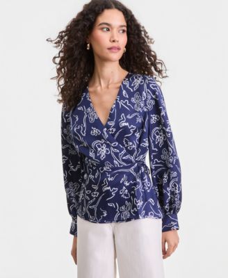 I.N.C. International Concepts Women's Printed Blouson-Sleeve Wrap Blouse