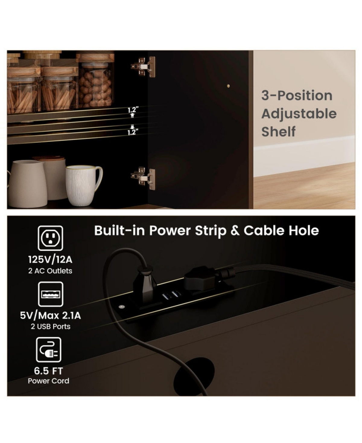 Gouun Drop-Leaf Mobile Kitchen Island Cart with Power Strip and Adjustable Shelf