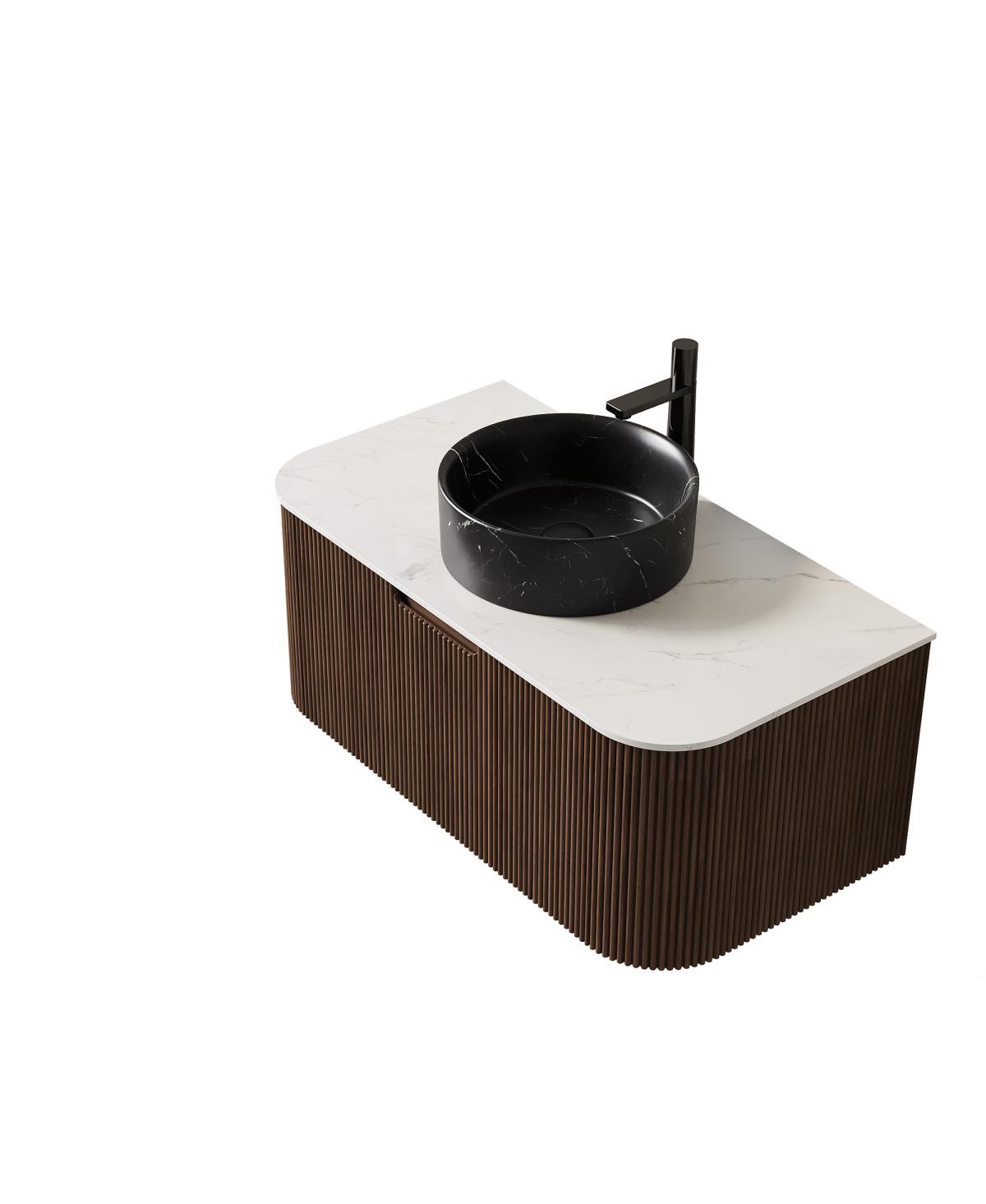 Sillysis Wall Mounted Bathroom Vanity, Ceramic Vessel Sink, Carrara Sintered Stone Top, Soft Close Drawer