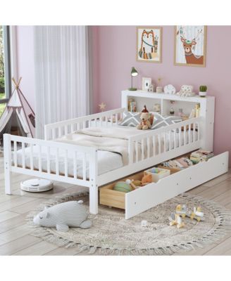 Kids Twin Bed Frame, Wooden Platform Bed with Headboard Storage Rack, 2 Under-Bed Drawers and 3-Side Guardrails for Bedroom
