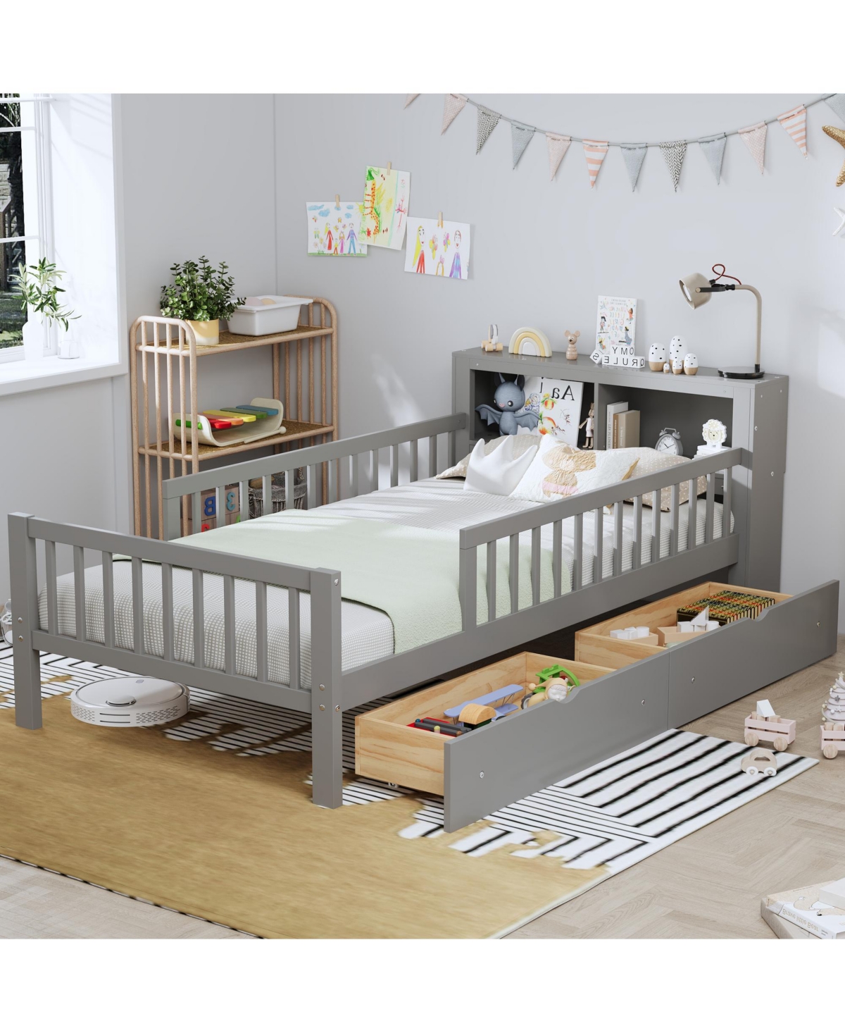 Rainsken Kids Twin Bed Frame, Wooden Platform with Headboard Storage Rack, 2 Under-Bed Drawers and 3-Side Guardrails for Bedroom
