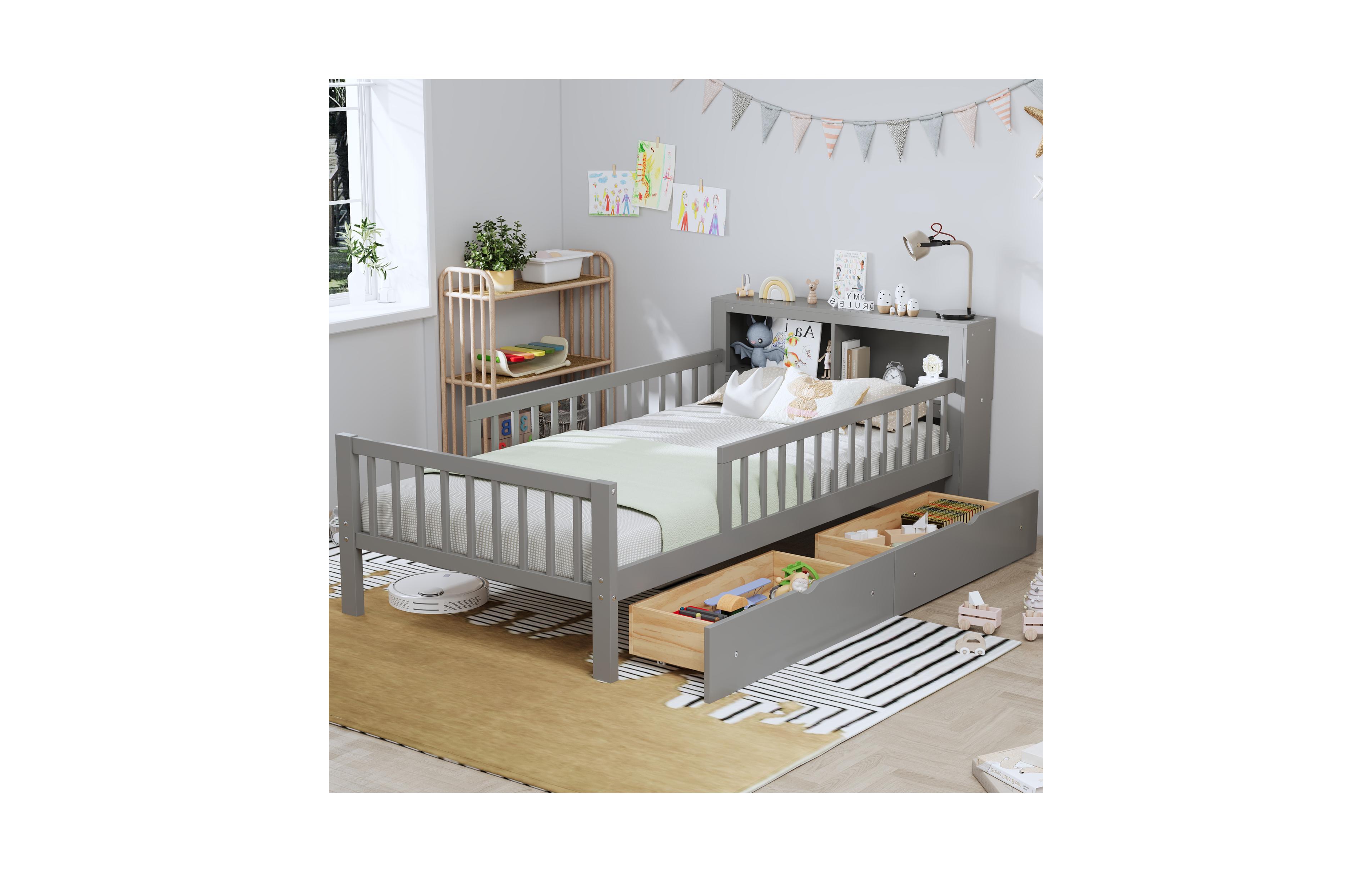 Rainsken Kids Twin Bed Frame, Wooden Platform with Headboard Storage Rack, 2 Under-Bed Drawers and 3-Side Guardrails for Bedroom