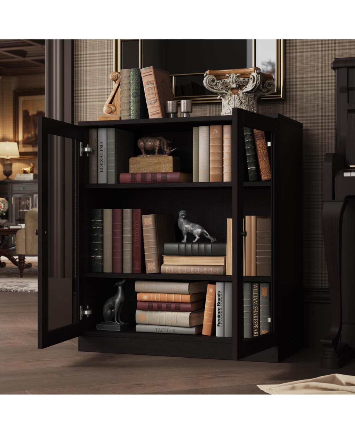 Palace Imports Premium 100% Solid European Oak Hardwood 3-Shelf Modular Bookcase with Tinted Glass Doors
