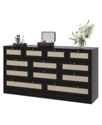 Bedroom 61" Wide Dresser, 12-Drawer Rattan Wood Chest, MDF TV Stand Storage Cabinet.