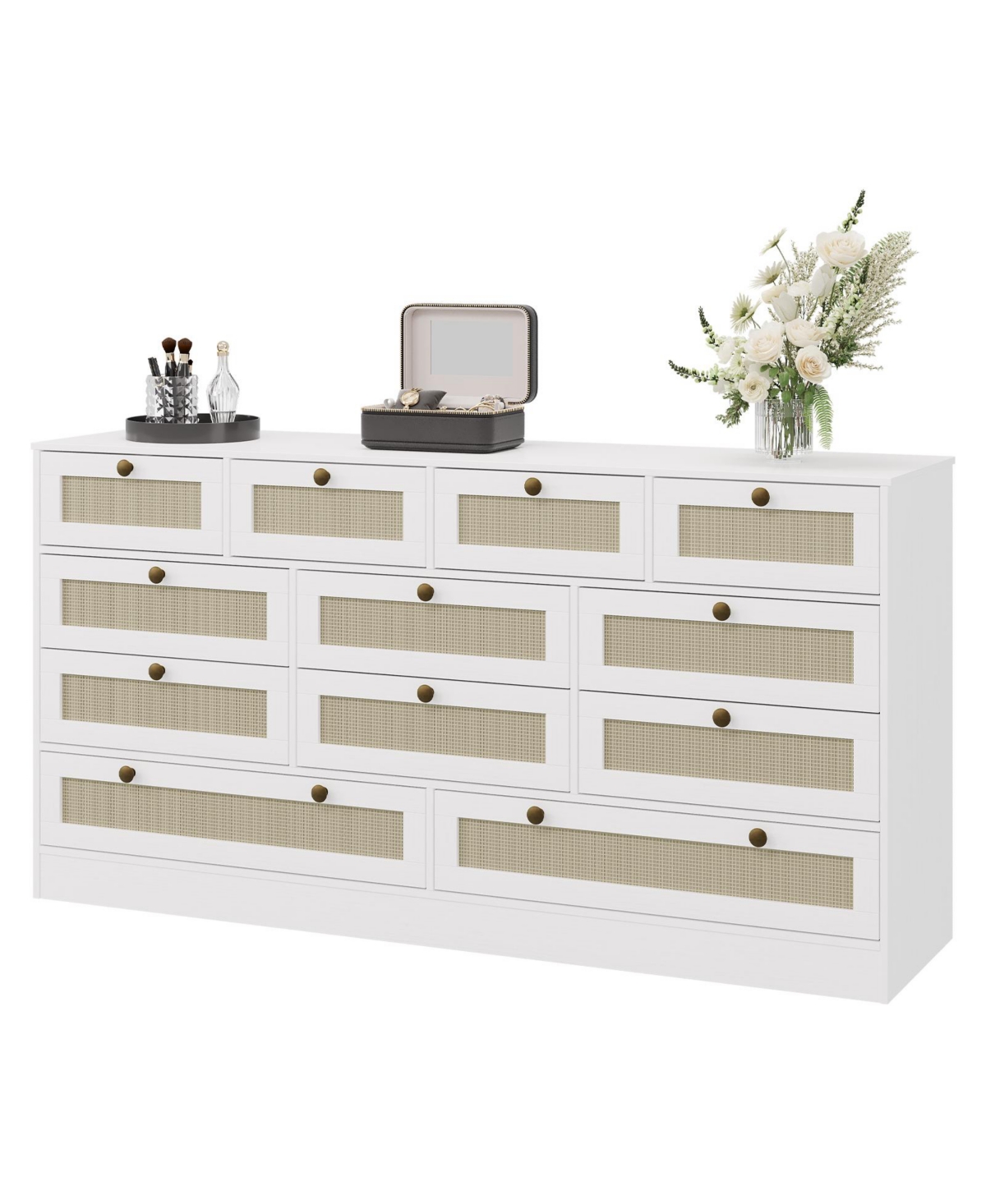 gaomon Bedroom 61" Wide Dresser, 12-Drawer Rattan Wood Chest, Mdf Tv Stand Storage Cabinet. - White