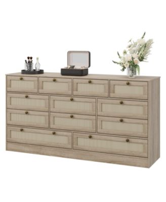 Bedroom 61" Wide Dresser, 12-Drawer Rattan Wood Chest, MDF TV Stand Storage Cabinet.