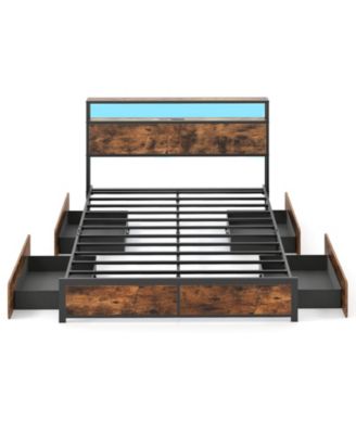 LED Bed Frame w/2-Tier Storage Headboard and 4 Drawers Charging Station