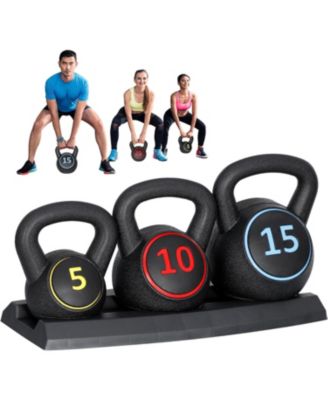 3-Piece Kettlebell Set with Storage Rack Heavy Duty Concrete 5 lb 10 lb 15 lb Kettle Bells for Weightlifting