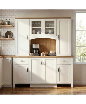71 Inch White Farmhouse Buffet Cabinet - 2-Tone Storage Credenza with Hutch and Drawers | Wood Console