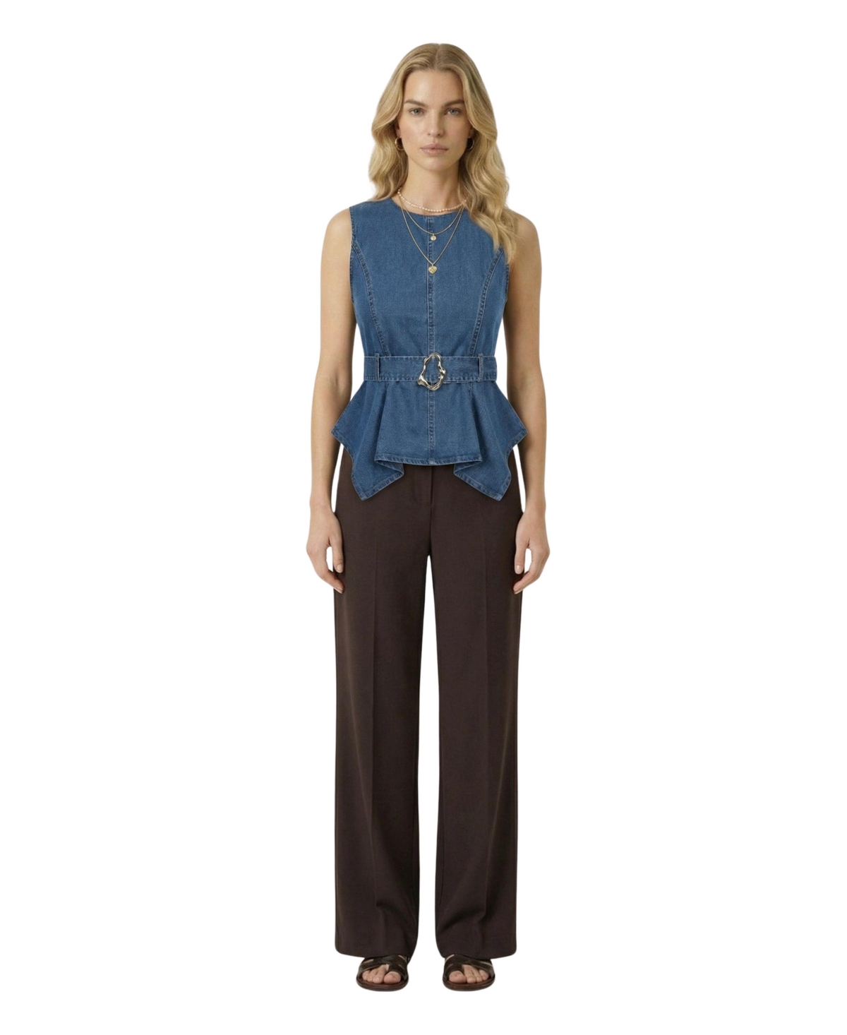 Modenaire Women's Belted Denim Peplum Top