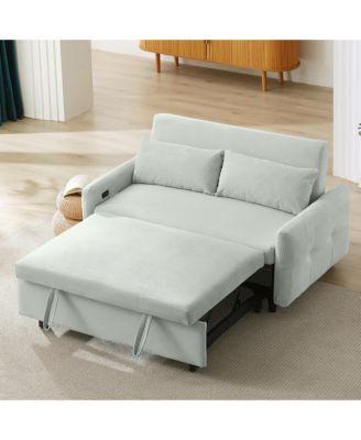 57.48" Pull-out Sofa Bed, Convertible Corduroy Couch with Adjustable Backrest, USB Ports and 2 Pillows, Loveseat Sofa for Living Room
