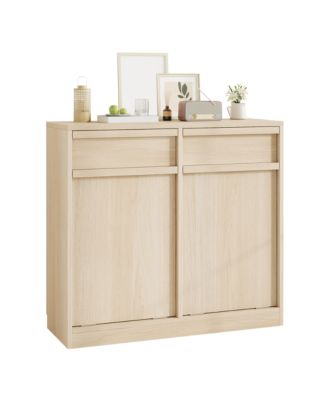 Double Tilt-Out Trash Can Cabinet with 2 Drawers and Hidden Bin Storage, Wood-Finish Organizer for Kitchen or Laundry