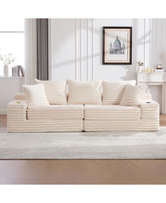 Oversized Boneless Sofa with Cup Holder and Side Pockets, Corduroy Upholstered Couch with 3 Pillows and 2 Lumbar for Living Room