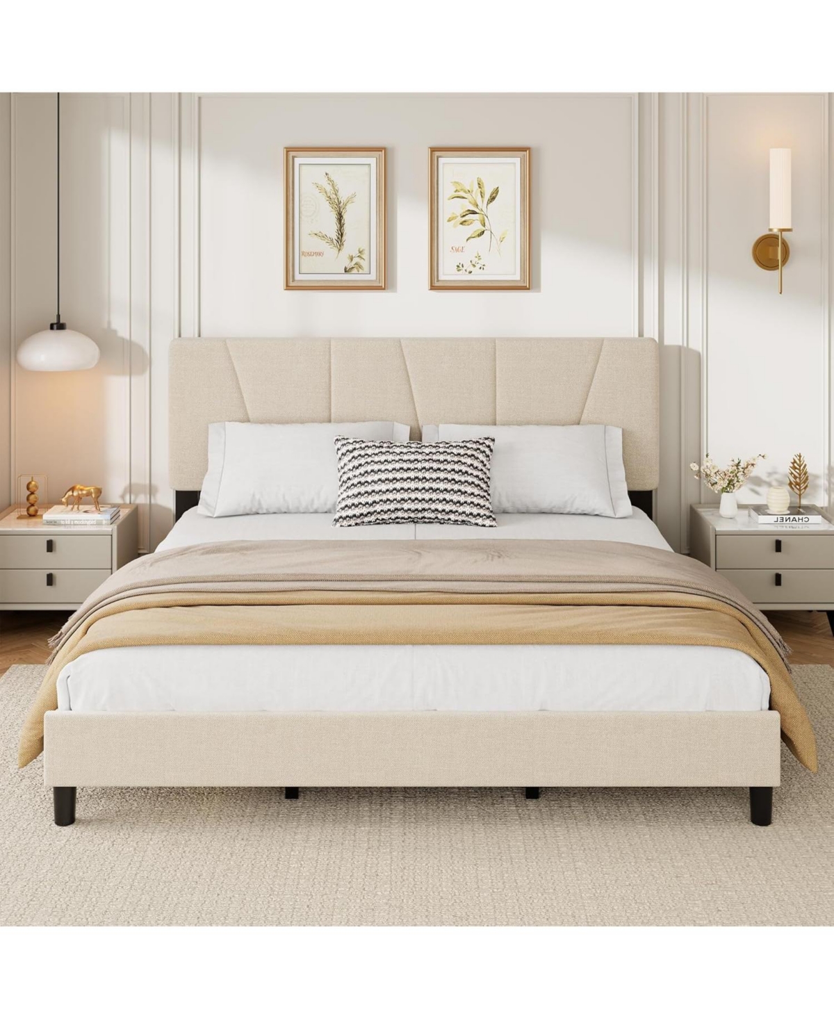 gaomon Upholstered Platform Bed with Adjustable Headboard Wooden Slats