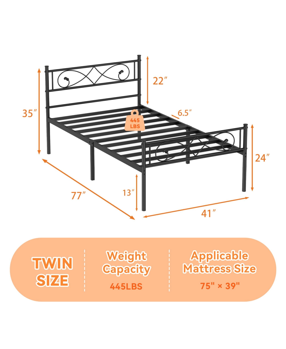 Homfan Metal Platform Bed Frame with Fist-Style Headboard and Footboard, Underbed Storage and Metal Slats