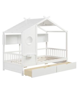Kids House Bed Frame with Storage Drawers and Safety Rails