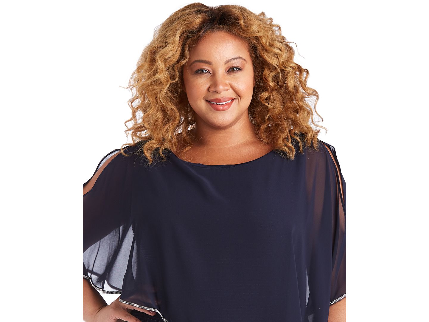 Женское платье R & M Richards Plus Size Metallic Stripe Rhinestone Trim Poncho, цвет: Тёмно-синий — фото 2