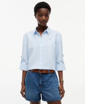 Women's Cropped Collared Roll-Tab Cotton Shirt