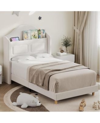 2 Pack Upholstered Velvet Princess Bed Frame with LED Lights, Wingback Bookcase Headboard, Kids Platform Bed for Girls and Boys, Noise-Free