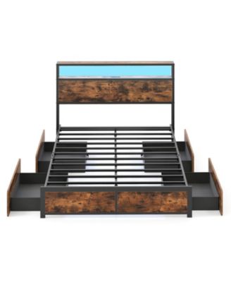 Full Size LED Bed Frame with 2-Tier Storage Headboard and 4 Drawers Charging Station