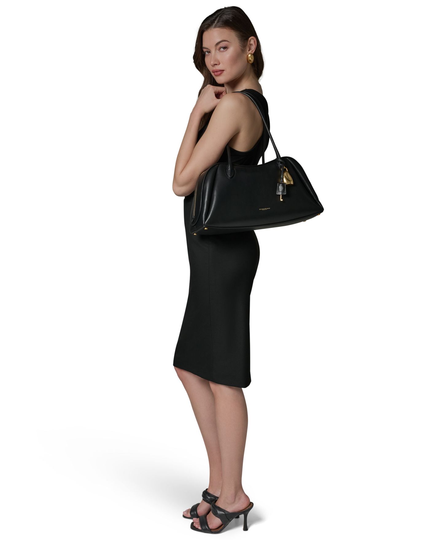 Женская сумка Donna Karan New York Terry Large Leather Shoulder Handbag, цвет: Чёрный / Золотой — фото 9