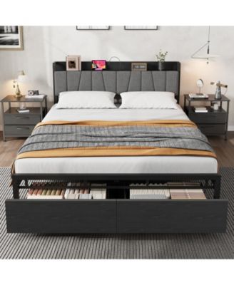 Industrial Bed Frame with Storage Headboard, Charging Station and 2 Drawers, No Box Spring