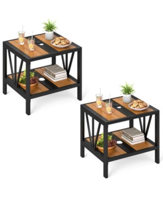 2PCS Outdoor Side Table 2-Tier Coffee End Table w/ 1.57'' Umbrella Hole Storage Shelf