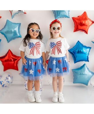 Baby Girls Patriotic Sequin Bow Patch Short Sleeve T-Shirt