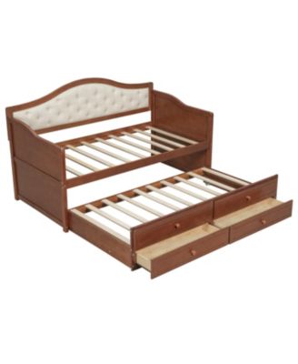 Twin Size Daybed with 2 Storage Drawers, Wooden Sofa Bed with Upholstered Button Tufted Backrest for Living Room