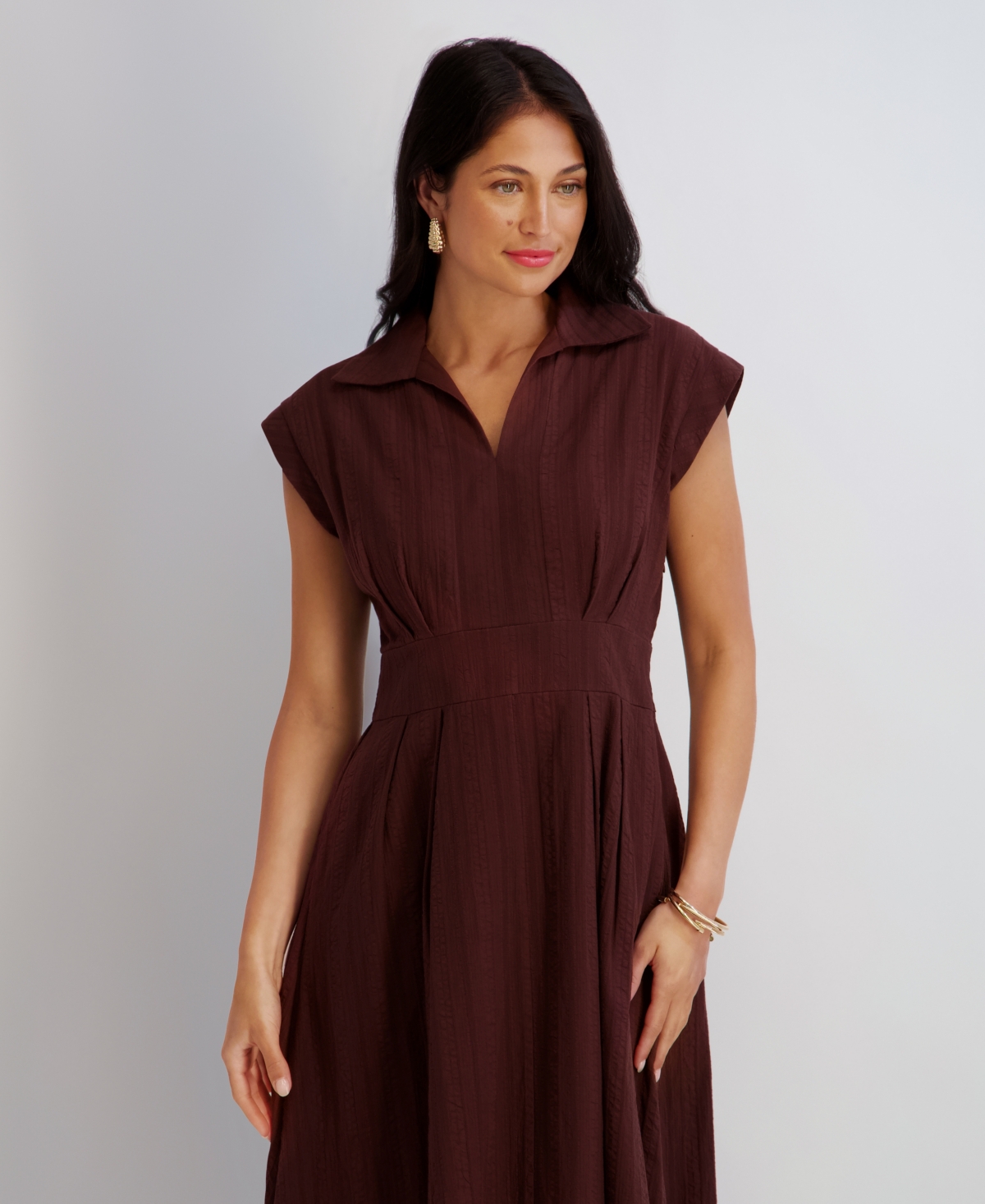 Women's Textured Stripe Midi Shirtdress with Collar