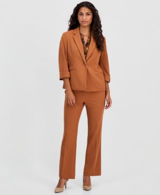 Petite Knit Roll-Tab Blazer, Elbow-Sleeve Split-Neck Top & Petite Pull-On Knit Trousers