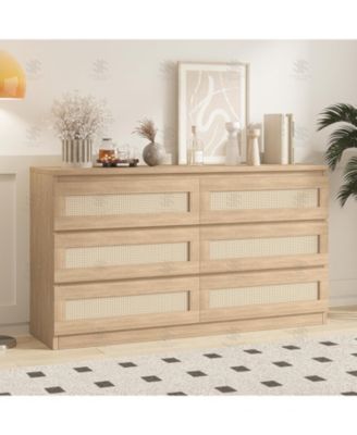 6 Drawer Rattan Dresser for Bedroom, Double Wood Chest of Drawers TV Stand