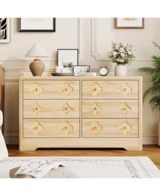 47.2" Wide 6 Drawer Wood Dresser with Crystal Knobs, Wide Bedroom Storage Chest TV Stand Organizer