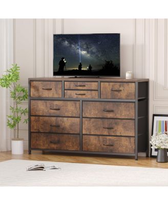 Wide 10 Drawer Fabric Dresser TV Stand, Steel Frame Storage Chest with Wood Top