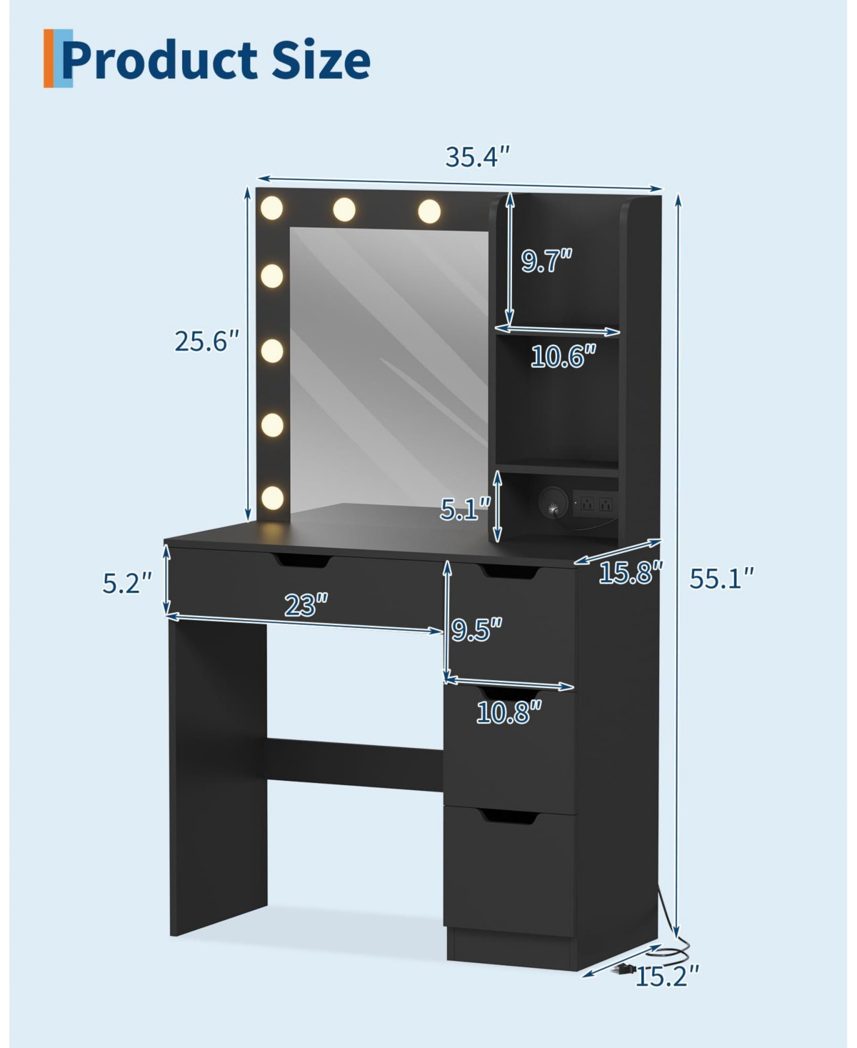 Homfan Vanity Desk with Mirror and Lights, 4 Drawers, Built-in Power Outlet Usb, Adjustable Led Lighting, Makeup Table for Bedroom