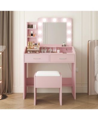 Modern Vanity Desk with Mirror, LED Lights, Power Outlet, USB Ports, 2 Drawers, 3 Lighting Modes, Stool, Hairdryer Holder, Bedroom Makeup Table