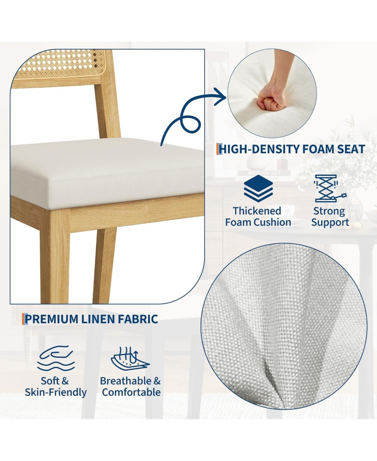 gaomon Rattan Dining Chairs Set of 4, French Country Upholstered Dining Chairs Wood Frame, Rattan Backrest