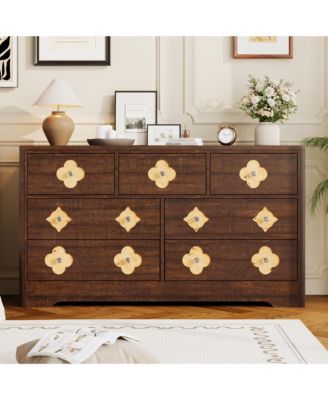 54" Wide 7 Drawer Wood Dresser with Decorative Fronts and Crystal Knobs, Wide Storage TV Stand Organizer