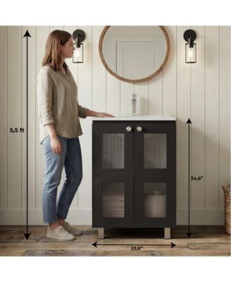 Bathroom Vanity Cabinet with Resin Sink 2 Frosted Glass Doors 2 Interior Shelves Compact Vintage Modern Storage Vanity