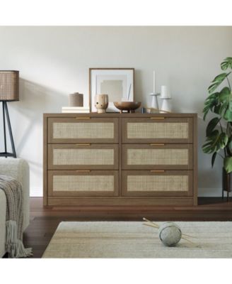 6-Drawer Dresser for Bedroom, 57.2" Wide Rattan Dresser Modern Wood Chest with Metal Handles