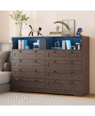 8 Drawer Dresser with RGB LED Lights, Power Outlet and 2 Open Shelves