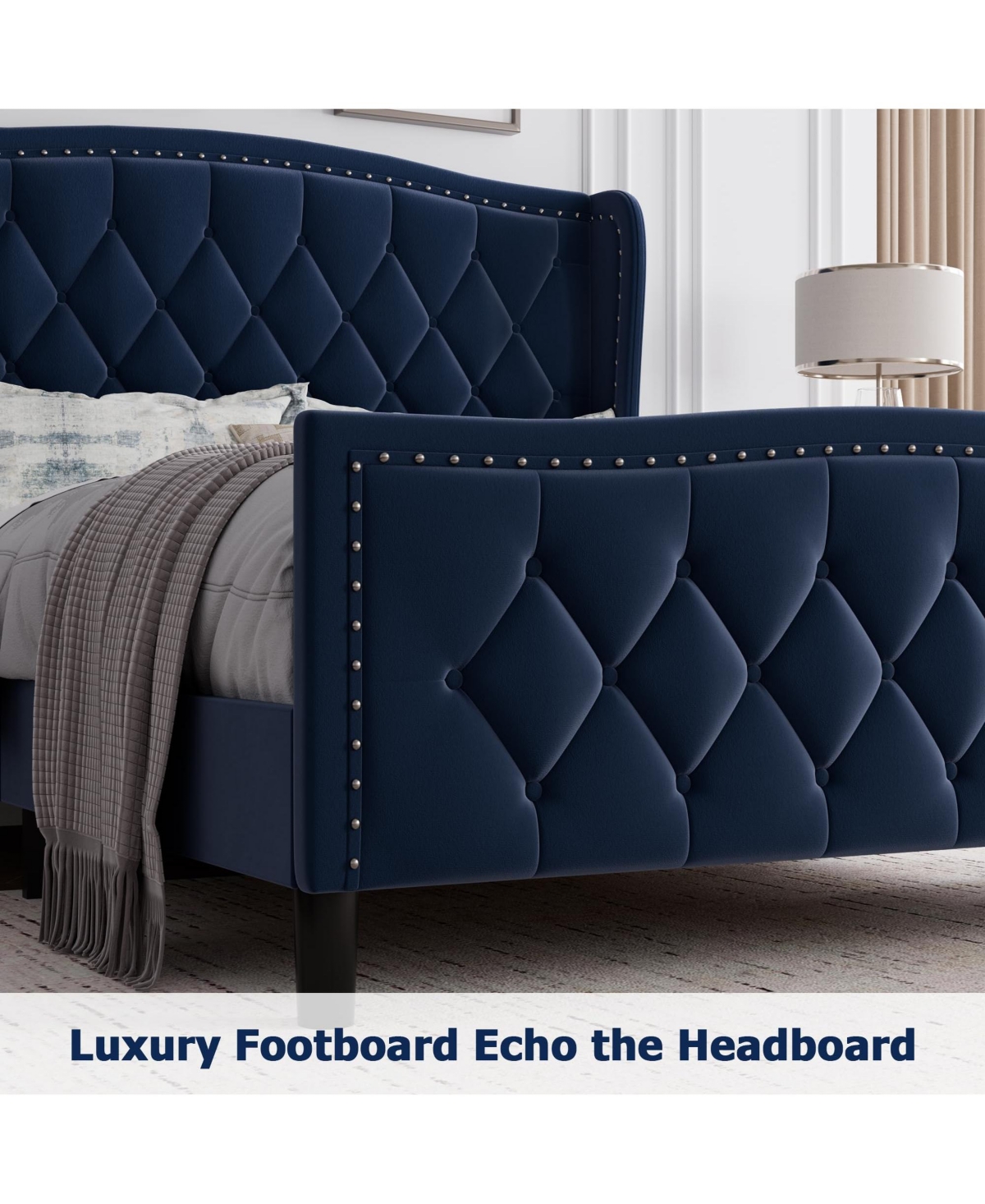gaomon Bed Frame, Velvet Upholstered Platform Bed with Wingback Headboard, Wooden Slat Support