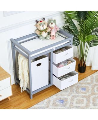 Wooden Baby Changing Table, Infant Diaper Changing Station Dresser with Laundry Hamper, 3 Drawer Basket and Changing Pad