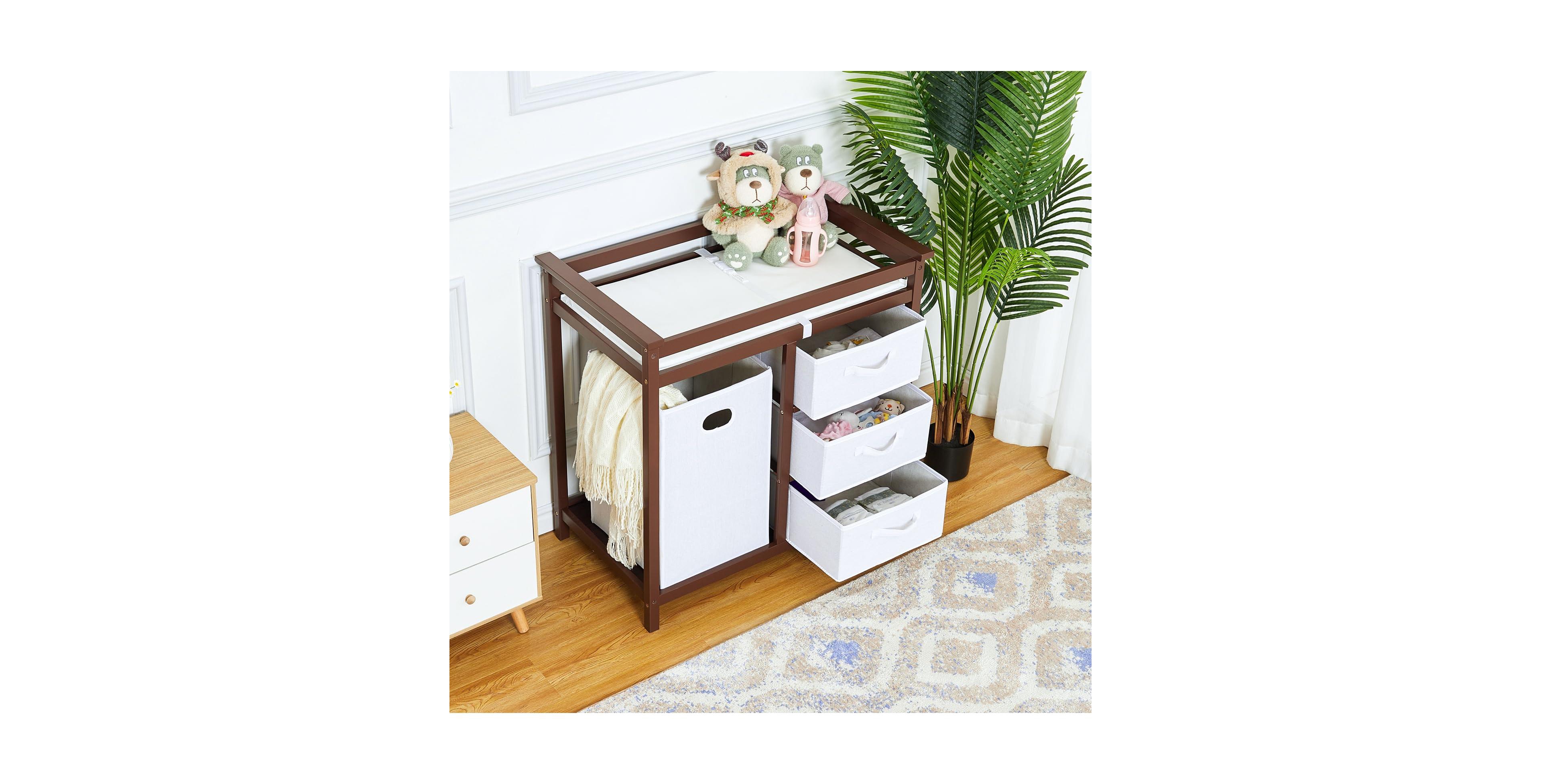gaomon Wooden Baby Changing Table, Infant Diaper Station Dresser with Laundry Hamper, 3 Drawer Basket and Pad