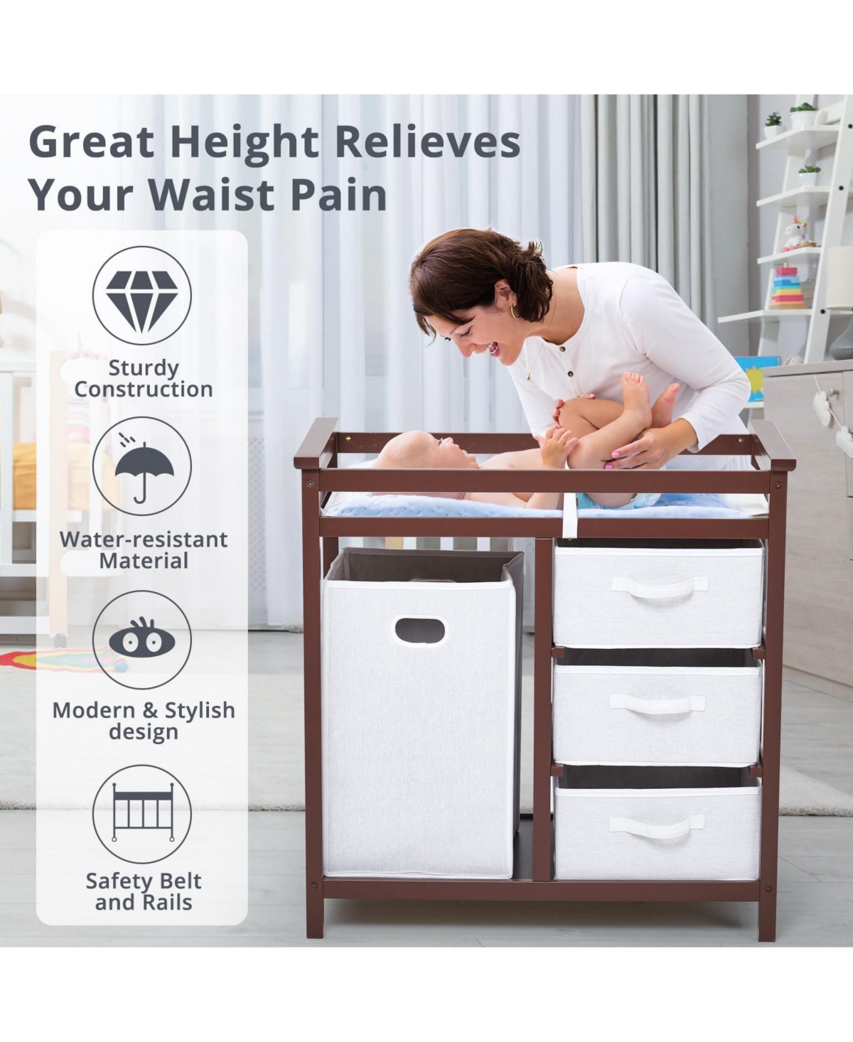 gaomon Wooden Baby Changing Table, Infant Diaper Station Dresser with Laundry Hamper, 3 Drawer Basket and Pad