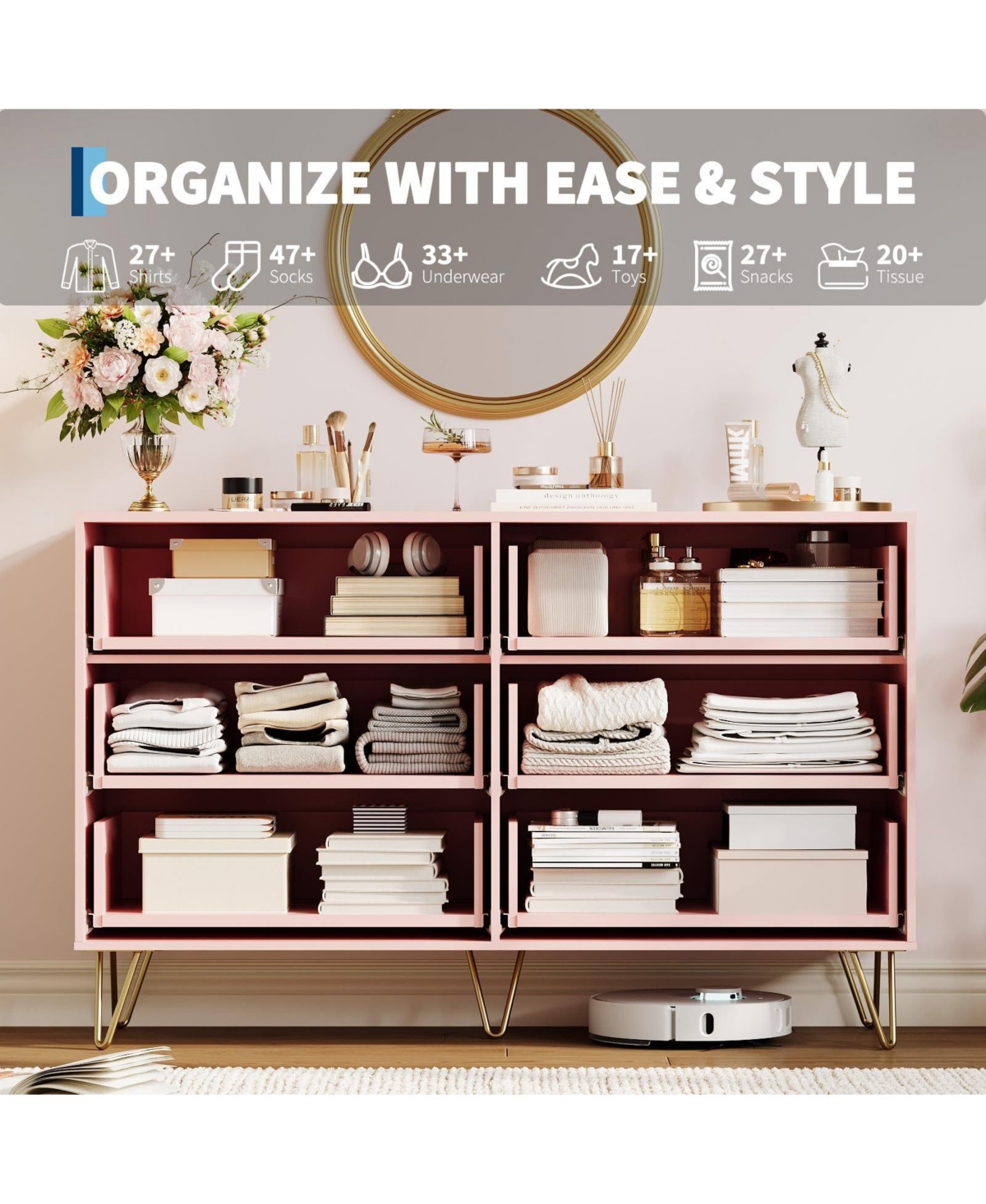 gaomon Fluted 6 Drawer Dresser for Bedroom, 47" Wide Wood Chest with Metal Handles Storage Cabinet