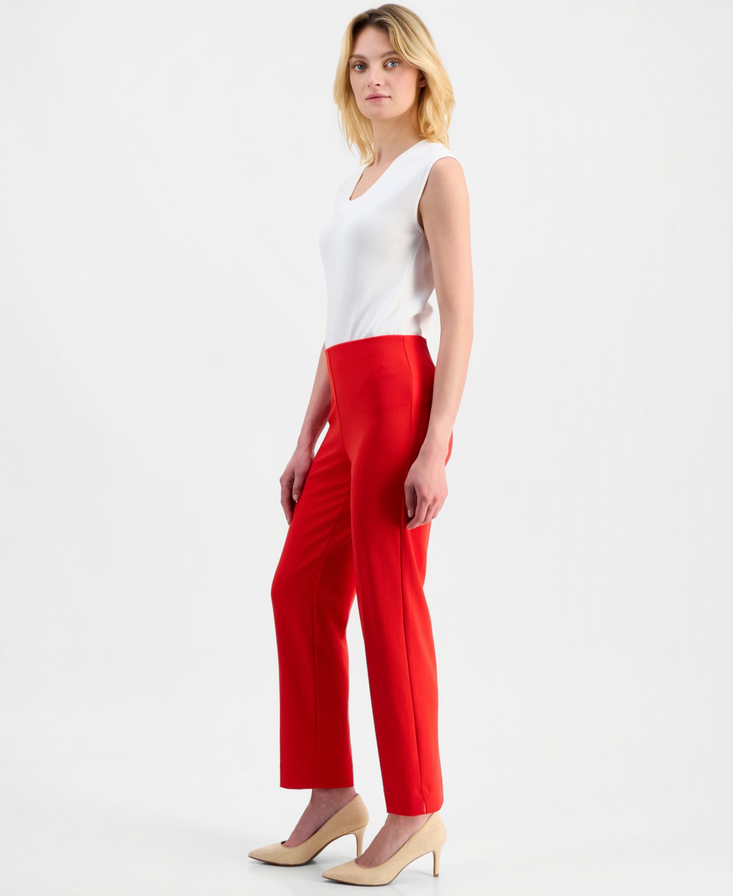 Женские брюки Anne Klein Stretch Crepe Pull-On Hollywood Waist Straight Ankle Pants, Regular & Petite, цвет: Красный — фото 3