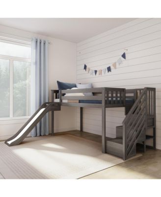 Max and Lily Twin Size Low Loft Bed with Slide and Stairs, Solid Wood Kids Platform Bed with 14" Guardrails