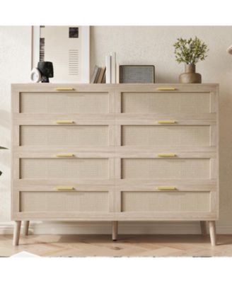 8 Drawer Dresser for Bedroom, Rattan Dresser with Metal Handles, Farmhouse Chest of Drawer